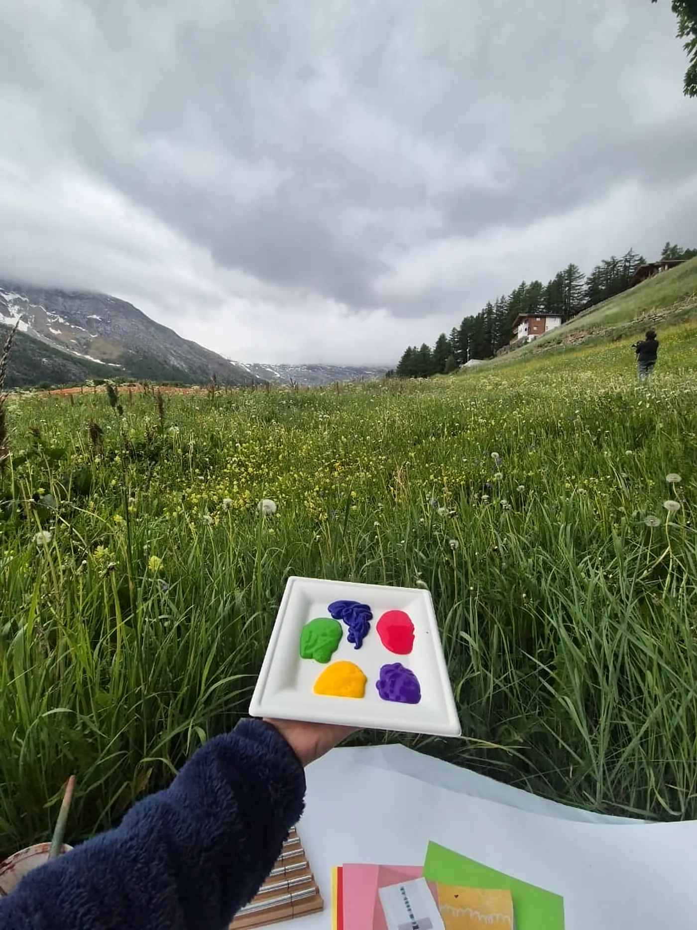 A hand holding a small palette of paint in a green valley