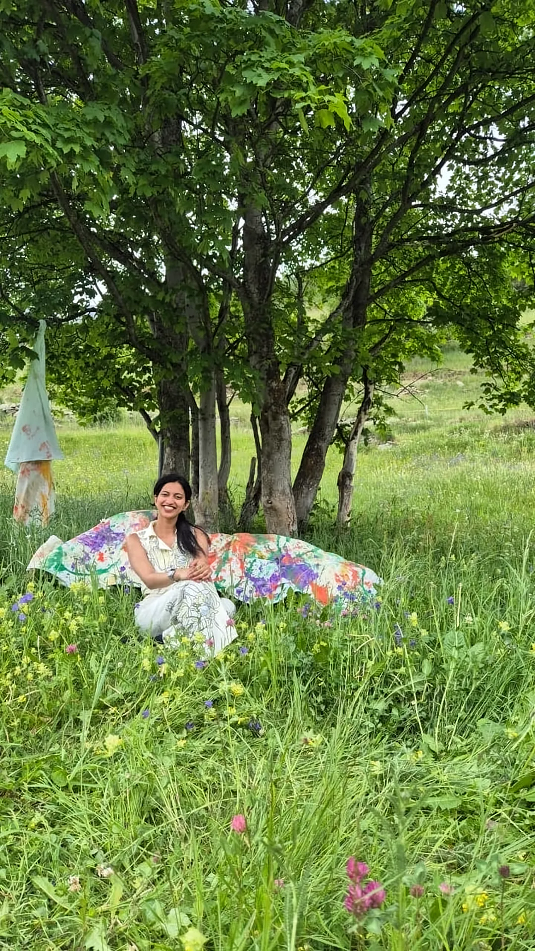 Ritty sitting on a cushion under a tree in a meadow