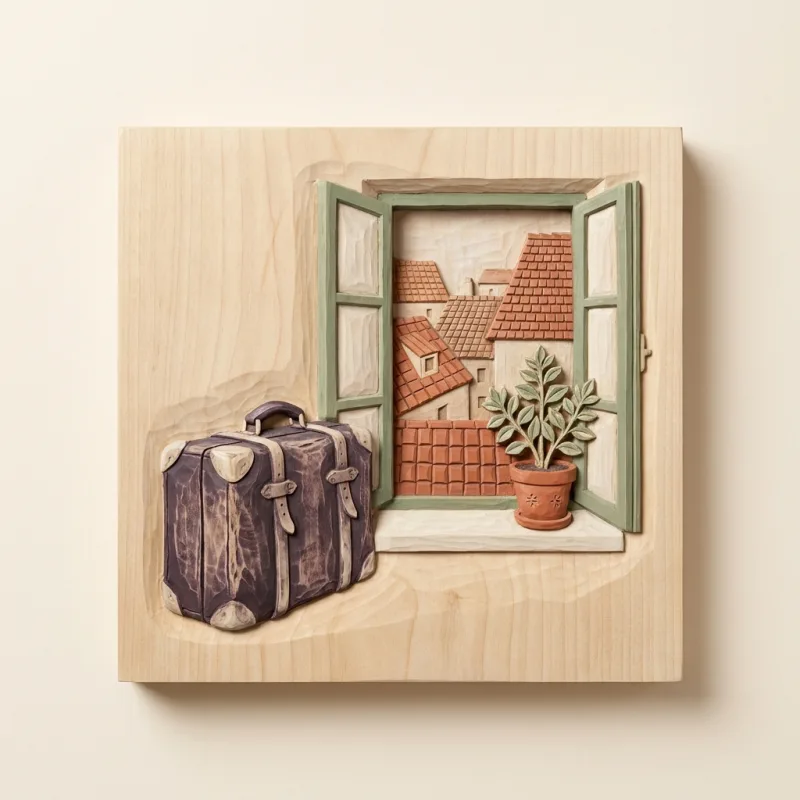 A suitcase beside an open window over foreign rooftops