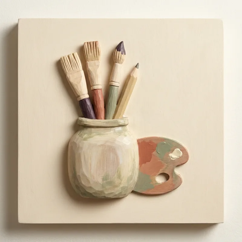 Paintbrushes in a jar beside a small palette