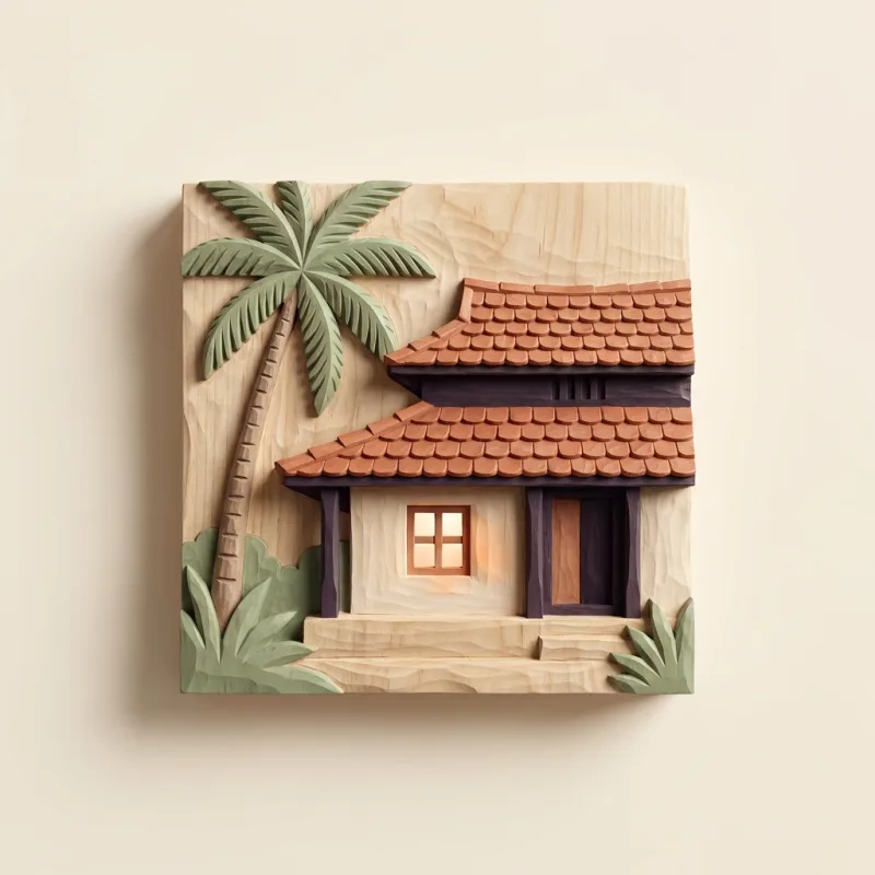 A Kerala house with one warm lit window at dusk