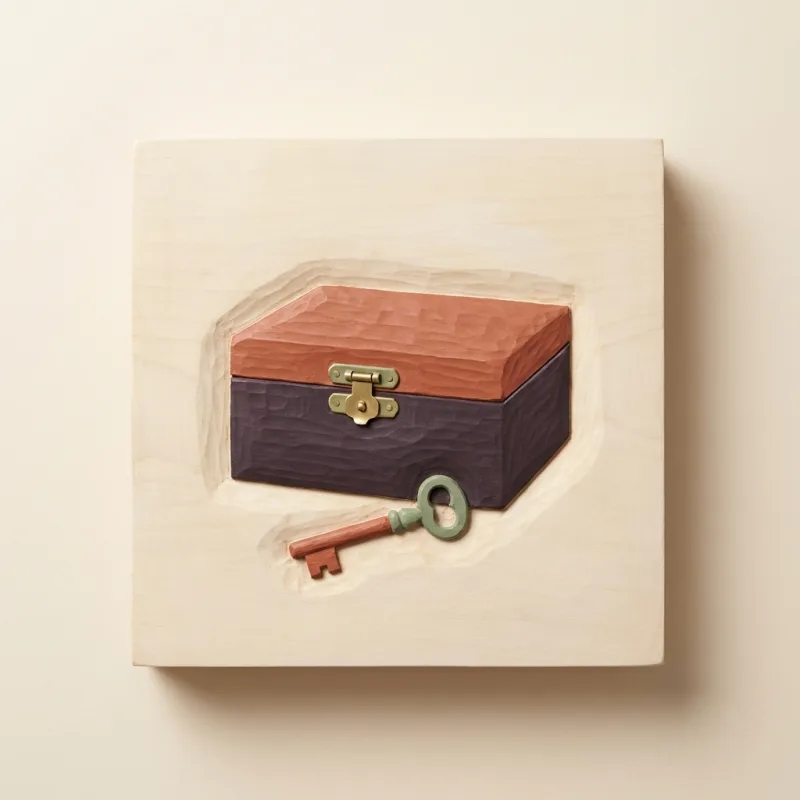 A small closed wooden box with a brass latch and a key